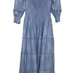 Hill House Nesli Nap Dress Women’s Size Small Blue Metallic Puff Sleeve Midi Photo 4
