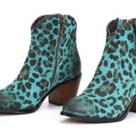 Western Cowgirl Ankle Boots Size 6 Turquoise Leopard Cattle Leather Fringe Blue Photo 0