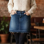 Ann Taylor LOFT Denim Mini Skirt 10 Dark Wash Stretch Raw Hem Jean Frayed Casual Photo 0