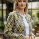 ZARA NWT Argyle Heavy Knit Cardigan Jumper Grey Green Yellow Wool Blend Photo 0