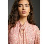 Anthropologie  Maeve Long Sleeve Tie Neck Mini Dress Pink Rose Metallic Large NWT Photo 3