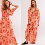 Free People Golden Hour Maxi Dress Peach Floral Spring Goddess Ethereal XS NEW Photo 0