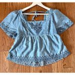 Old Navy  denim embroidered eyelet ruffle sleeve top m Photo 9