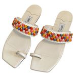 Jimmy Choo  Women's White Amoure Flat Embellished Beaded Raffia Sandals size 38.5 Photo 0
