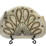 Vintage Hand Beaded Art Deco Clutch Wristlet Half Moon Shell Shape Ivory Bell Photo 0