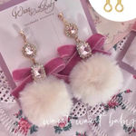 Japanese Kawaii Pink Jewelled Velvet Ribbon Bow Fluffy Pom Pom Earrings Photo 0