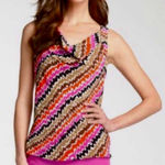 Trina Turk  Cowl Neck Sleeveless Vibrant Abstract Print Silk Blouse Size‎ Large Photo 0