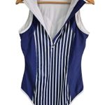 1PC Blue/White Bathing Suit w/ Stripes Zipper Down Back High Neckline Womens M/L Blue Size L Photo 2