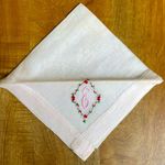 NOS Vintage Hand Embroidered "E" Monogram Linen Handkerchief Pink Floral 11 x 11 Photo 0