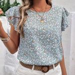  Ditsy Floral Print Blouse, Elegant Round Neck Ruffle Trim  Photo 0