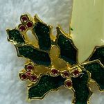 Candle Stick Holly Leaves Berries Christmas Pin Brooch Holiday Wear Vintage Photo 1