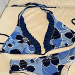 Women size Large Blue navy white hibiscus Floral triangle Bikini top set ruffles Photo 2