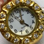 Gold tone Finger Ring Watch Round Quartz 22mm rhinestones adjustable running Photo 1