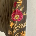 Eshakti Olive Green Floral Embroidered Long Sleeve Cotton Blend Boho Blouse Photo 3