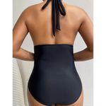 One Piece Hollow Out Ruched Black  Swimsuit Halter Tie Neck Backless Stretchy Bathing Suits Photo 2
