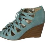 Jun & Ivy Kirra Wedge 4” Heel Sandal Lace Up Open Toe Light Blue Suede Size 7.5M Photo 6