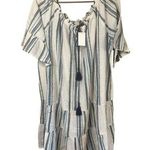 Mlle Gabrielle  Women's 3X Boho Striped Summer Dress - White Blue Gray Tassel Tie Photo 0
