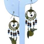 Bohemian Drop Dangle Hematite Wooden Beads Turquoise Goldtone Boho Earrings Photo 3