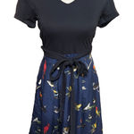 Eshakti  Fit n Flare Bird Print Dress Size 0 XS black navy blue tie belt Photo 0