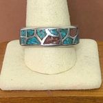 Sterling Silver Southwest Native Crushed Turquoise Coral Mosaic Ring Sz 12-1/2 Photo 1
