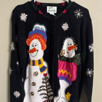 Quacker Factory  Size Medium Snowman Cat Cardigan Sweater Christmas Holiday Ugly Photo 0