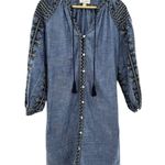 Anthropology‎ Valiante Blue Denim Embroidered Button Up Shirt Dress Sz 0 Tassels Photo 0