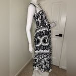 Farm Rio  Black/White POPLIN BEADED TROPICAL CELESTIAL SUNS MIDI DRESS M Photo 6