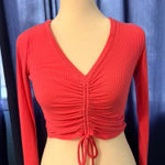 Alo Yoga  Ribbed Cinched Cropped Top Long Sleeve Knit Womens XS Pink VNeck Ruched Photo 0