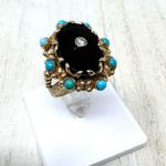 14K yellow gold, onyx, turquoise and diamond ring, vintage, size ~7 Gold Photo 3
