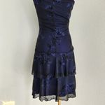 Y2K Deb One Shoulder Black Tiered Mini Dress Blue Floral Drop Waist Bow XS Photo 6