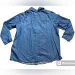 Eloquii  Blue Chambray Denim Ruffle Chest Long Sleeve Button Down Photo 1