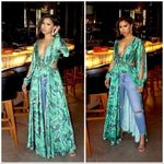 L'ATISTE Green Pink Floral Tropical Plunge V-Neck Bodysuit Skirt Satin Dress 1X Photo 4