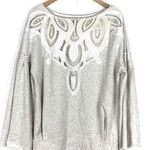 Free People  Oatmeal Bell Sleeve Lasor Cut Out Lace Appliqué Sweatshirt Small Photo 1