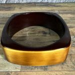 Vintage 80/90s Retro Lucite Square Brown Wood Thick Mobwife Bangle Bracelet Photo 4