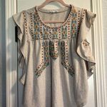 THML  Anthropologie Beige Ruffle Flutter Sleeve Embroidered Aztec Boho Top Medium Photo 0