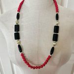 Red black and gold tone long beaded vintage necklace Photo 0
