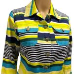 Live a Little Button Up Neon Navy Green Aqua Striped Pocket Jacket Womens Small Photo 7
