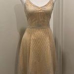 Beige Cream & Silver Glittery Art Deco Patterned Overlay Sleeveless Dress Photo 0