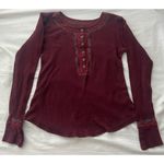 Purple Floral Embroidered Waffle Knit Henley Top Thermal Button Hippie Boho Folk Photo 0