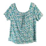 Lands End Top Womens L Island Aqua Blue Floral Smocked Square Neck Feminine Size L Photo 4