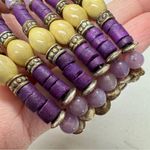Vintage Purple Yellow Wood & Glass Beaded Stretch Bracelet Silver Tone Metal Photo 1