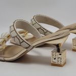 Beaded Rhinestone Bow Knot Kitten Heels Slide Mules Sandal Gold Size EU 40, US 9 Photo 1