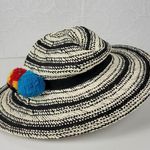 Hinge Two Tone Panama Hat Black White Wide Brim Woven Straw Pom Pom Summer NWOT Photo 1