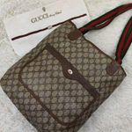 Gucci Authentic Vintage Monogram Canvas Tote Bag Red Green Stripe Photo 0