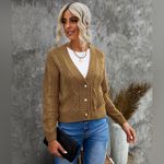 Brown Cable Knit Chunky V Neck Cardigan with 3 Decorative Pearl Buttons 2XL Size 2X Photo 8