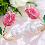 Stunning One Pair of Gold Plated Elegant Pink Rose‎ White Bead Ear Stud Earrings Photo 0