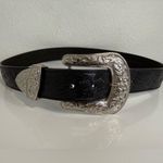 Vintage 3D Western Black Floral Embossed Leather Belt Silver Buckle 32 EUC Photo 0