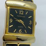 Persona 22mm womens Quartz analog cuff bracelet watch gold black tone 6.5” runs Photo 1