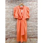 Entro  Women's Peach Crazy Rich Satin Puff Sleeve Wrap Midi Dress Size L Photo 4