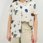 vtg dreamy watercolor ivory slate blue delicate button down top feminine floral White Size L Photo 2